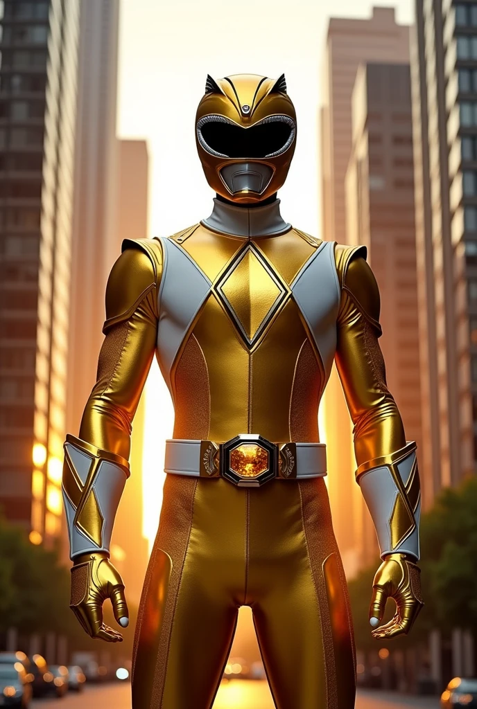 tall person in
gold powerranger suit with a gold diamond pattern . a hexagon belt buckel with gold gem a gold helmet
helmet no extra on belt no white lines on gloves. gold gloves no points