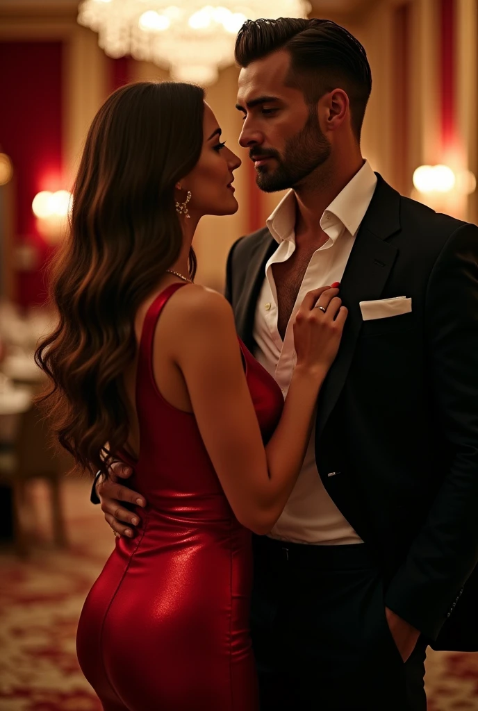 A beautiful woman with long brown hair and an elegant, provocative and seductive red dress next to a man in a suit with a beard and lots of hair on his chest