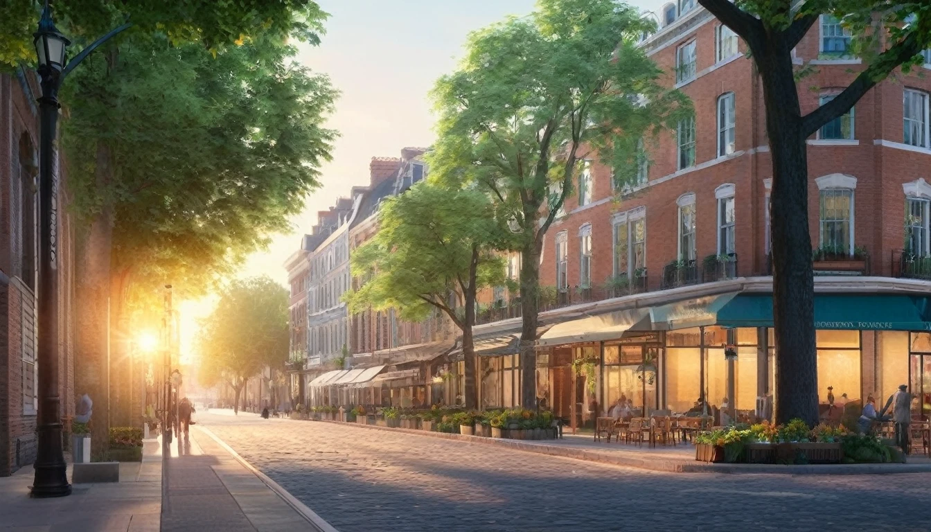 A peaceful, realistic cityscape bathed in the soft, golden light of early morning. The streets are quiet, with only a few people strolling along the sidewalks, and the occasional cyclist gliding past. Elegant buildings, both modern and historic, line the streets, their facades glowing in the gentle sunlight. A tree-lined avenue stretches into the distance, with green leaves rustling gently in the breeze. Small cafes with outdoor seating dot the sidewalks, where a few patrons enjoy their morning coffee. The sky is a clear, pastel blue with just a hint of dawn's colors lingering on the horizon. The entire scene exudes a calm, unhurried atmosphere, with the city slowly awakening to a new day.