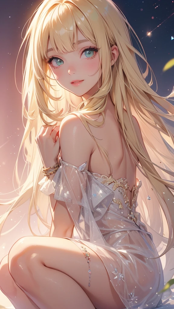 Beautiful blonde hair girl, bangs straight, green eyes, Star Eyes, skin fair, delicate and pink lips, sweet smile