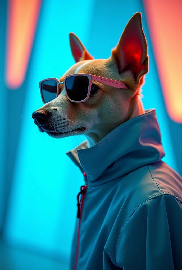 The best cell phone wallpaper, Award-Winning Wallpaper, portrait photography, In the front view is a portrait of a cute dog wearing mid-1960s space age fashion, Side view photo, Shot with Canon EOS R5, Set a strong contrast that accentuates the subject, Fluorescent blue tone, Wearing a very modern coat and sunglasses is a modern 1960s style, Clothes all in one color, beautiful background