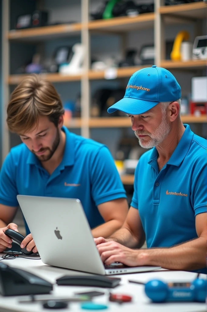 For me, the image of two men behind a counter at a telephone technical support center, one of the men with very short white hair and the other with brown hair, and both wearing blue caps with the word masterphone written on them., And also Blue polo shirt and the guy with white hair fiddling with an Apple notebook And the other one with brown hair fixing a phone