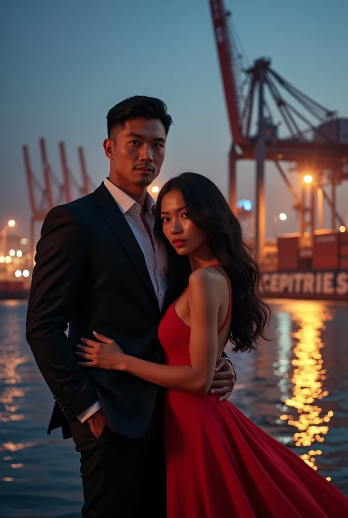 Make a cover for a book, where the background is a port of containers and ships. featured a couple, a 30 year old very muscular white Brazilian man, Cao Cao, slightly gray and in a well-groomed black suit, very elegant and very handsome, sensual, the white brazilian woman, black hair slightly wavy at the ends, almond eyes and sensual red dress, small ceios. Both look at the front of the screen.