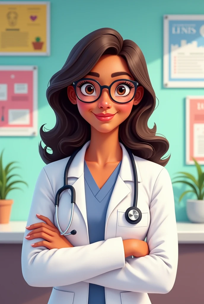 Image of a female doctor, disney type, with glasses and dark brown hair, brown skin, Medium long hair 