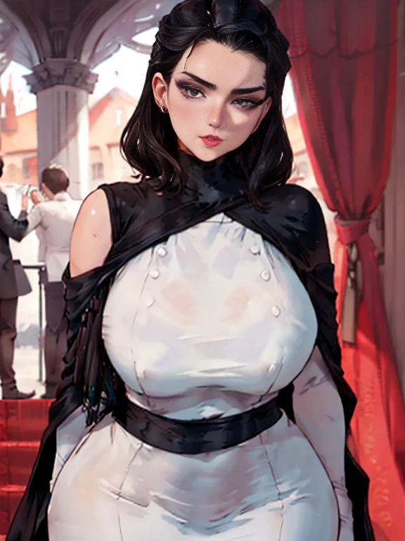 "The woman stands out in her elegant ensemble, featuring a form-fitting black dress that tastefully accentuates her curvy silhouette. The dress, paired with a flowing black cape, not only underscores her voluptuous figure but also adds a touch of drama. Her generous bust, a prominent aspect of her physique, is subtly highlighted by the cut of the dress, which celebrates her feminine contours without undue emphasis on specific measurements. The breasts measuring 118.5 cm in diameter."