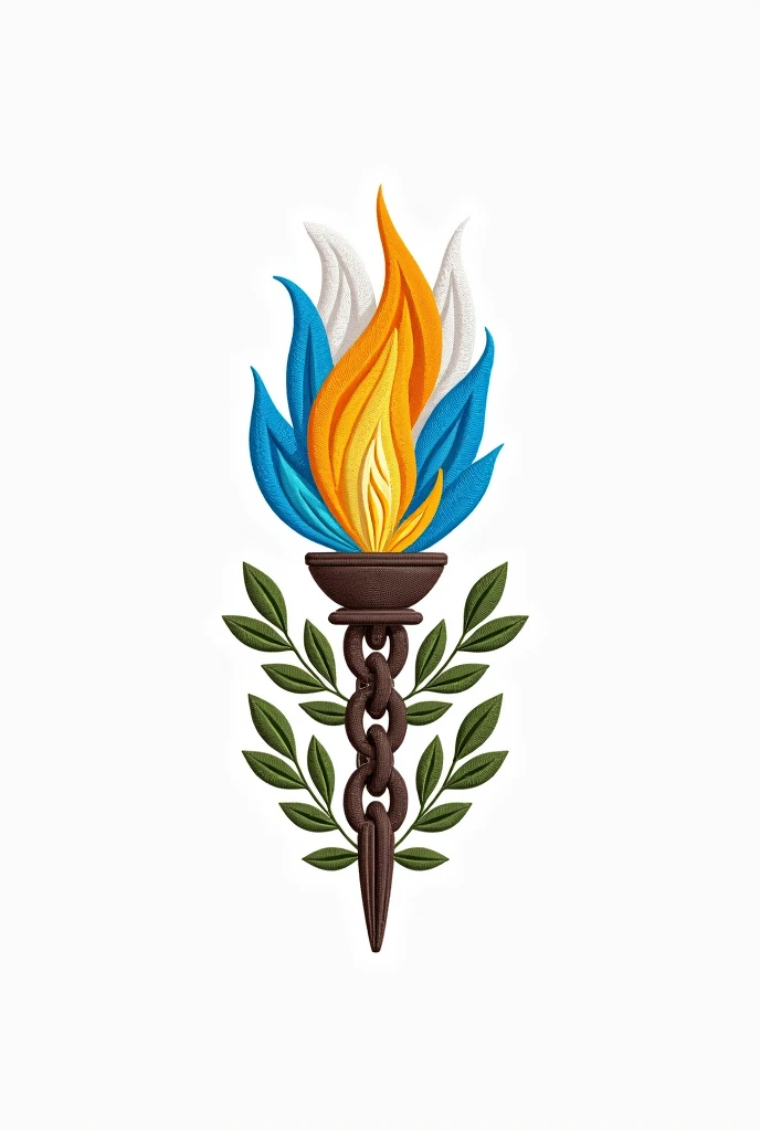 (Logo design for embroidery) a torch made of chain links held in one hand, all in white, blue and yellow and lit on natural colored olive leaves.