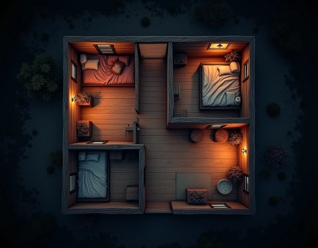 vampire the masquerade, map rpg, ((map of the plan inside a wooden house, a little large, with three bedrooms, a small room, a living room, two bathrooms)), game art, birdseye straight top-down shot from a drone, battlemap, current modern theme, seen from above, role-playing game, empty location, nighttime environment, (with realistic proportions and textures, intricate details, handdrawn, vibrant, cinematic lighting, masterpiece, 8k:1.2)