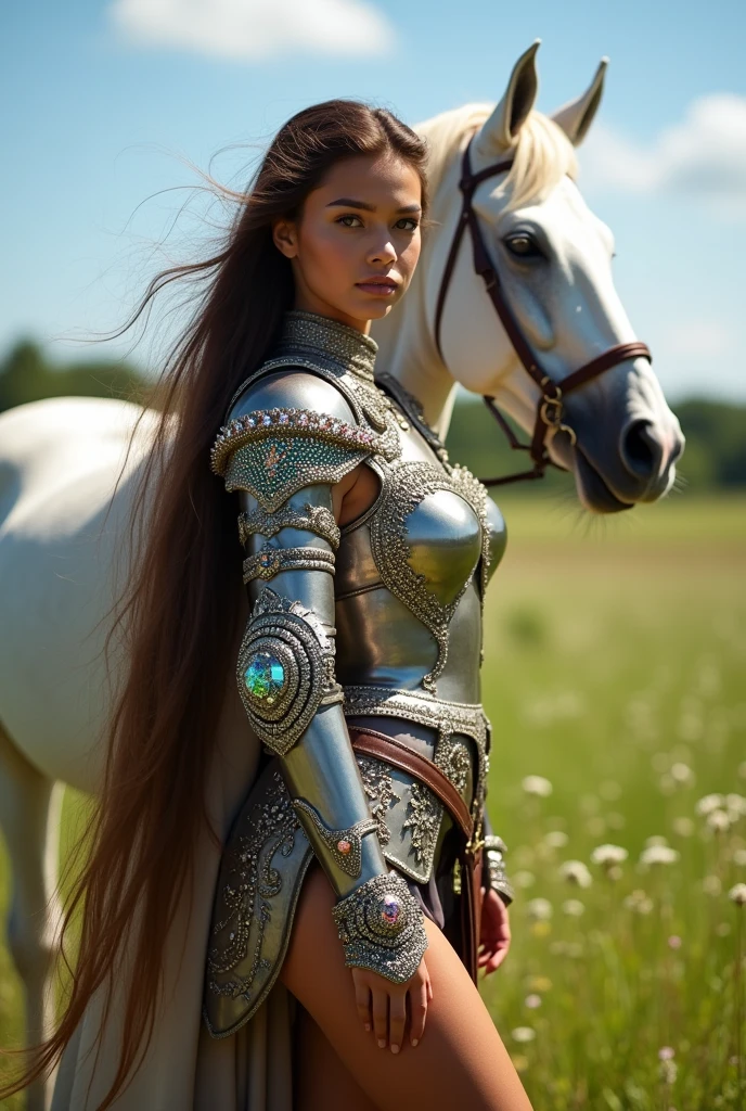 young woman ,very long brown hair ,tanned skin ,Brown eyes ,curvy figure ,Bulging breasts ,dressed in armor with precious stones and next to her her white horse .