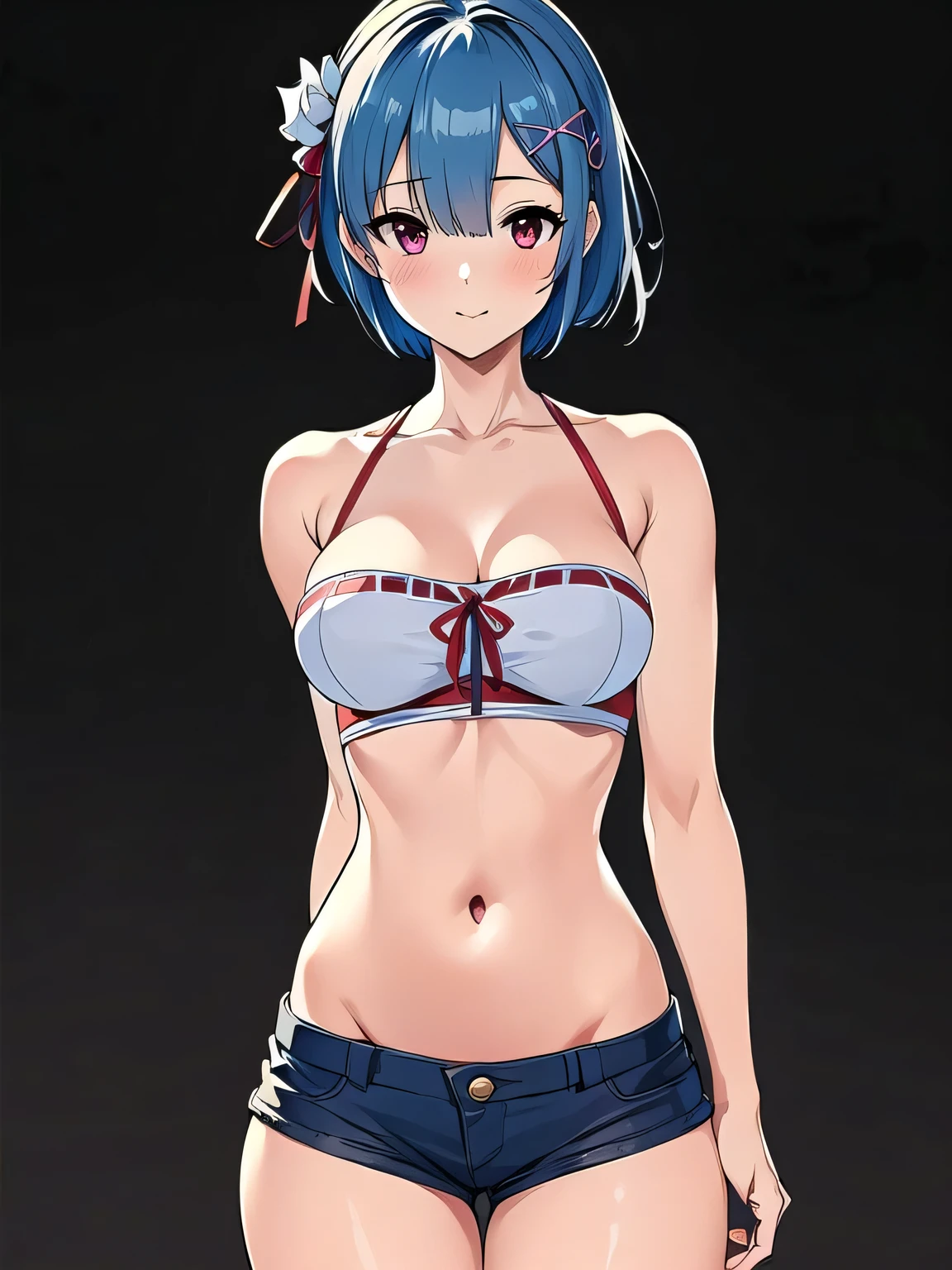 all realistic intricate details, masterpiece, best quality, highres, rem1, 1girl, solo, rem \(re:zero\), blue hair, short hair, red eyes, hair over one eye, ribbon trim, hair ribbon, x hair ornament, frills, crop top white, denim shorts,medium breasts, cleavage, sedection pose , hair flower, outdoor, standing, smile, perfect background, perfect light