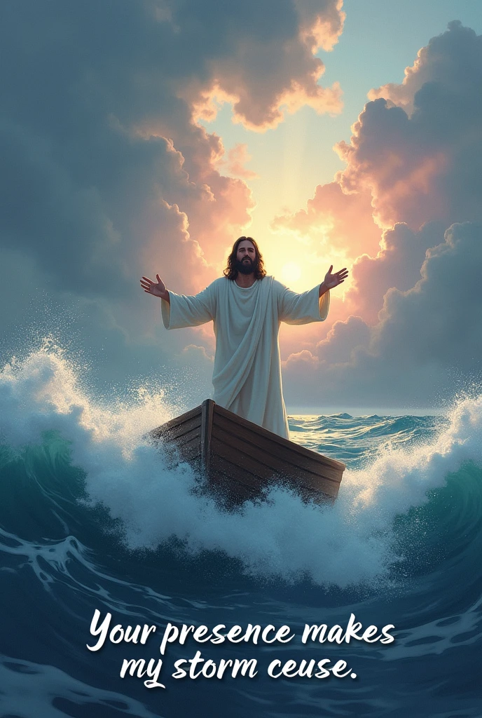 An illustration of Jesus Christ calming the storm. With soft colors and the following sentence: Your presence makes my storm cease.