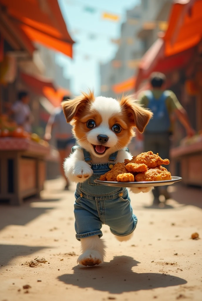 {
  "prompt": "Following the previous scene, the brown and white puppy, still in denim overalls, is running away with a tray of grilled chicken. The puppy's expression is a mix of excitement and mischief. In pursuit, several vendors and people from the market are running after the puppy, shouting and trying to catch it. The scene is bustling with activity, with the market's vibrant atmosphere adding to the chaos.",
  "aspect_ratio": "9:16"
