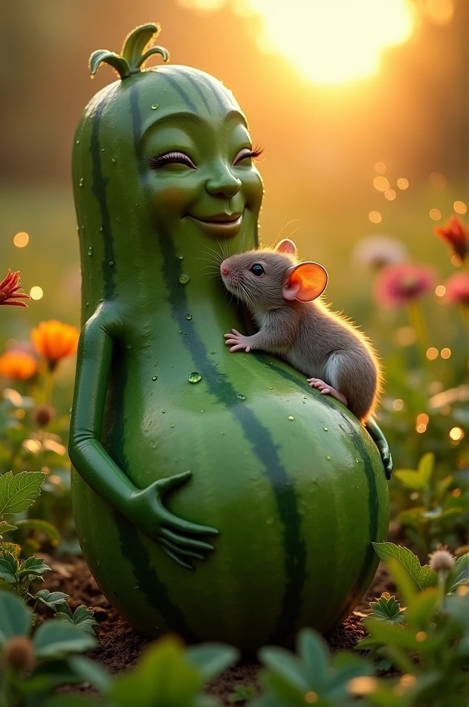 Create a picture of a pregnant cucumber in human size and she is cuddling with a rat
