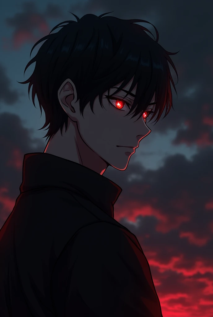 New Male anime character with dark background,red glowing eye, soft angry mood, handsome looks, a little white body skin