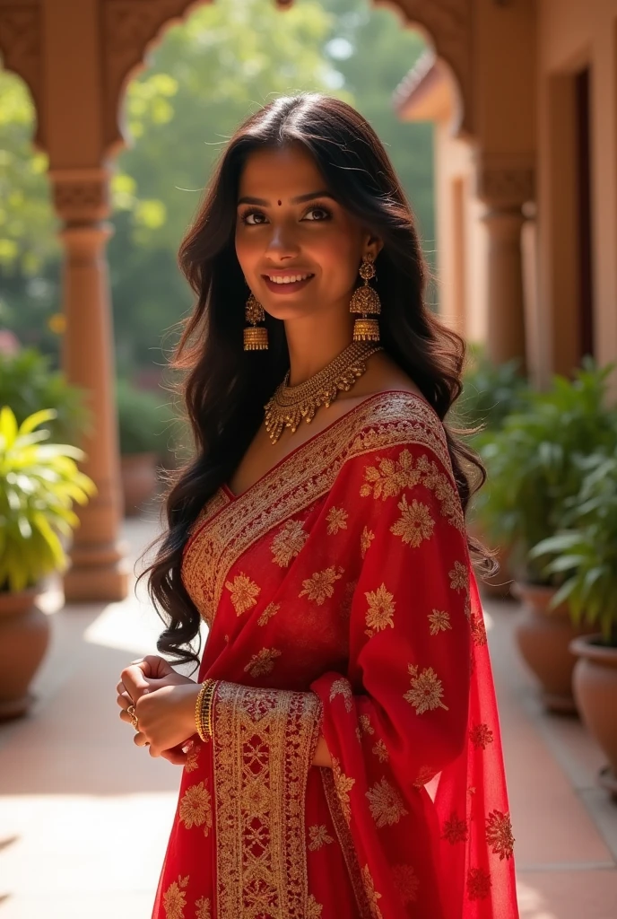 sexy indian woman in red sari posing for a picture