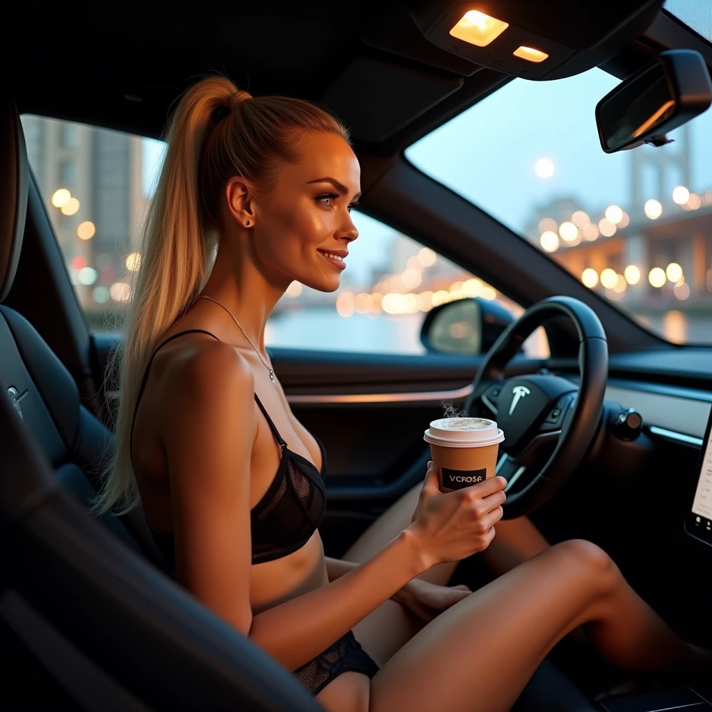 Blonde bombshell, smilling, with long ponytail, sexy lingerie, holding a coffee cup, seductive gaze, sitting in a tesla car