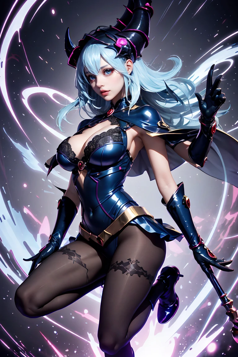 Beautiful dark mage (masterpiece: 1.2, Best Quality), (1, only), Big chest, (dynamic posture), (shiny skin, COughtson skin), COughtson skin, Sez version of the black magician demon girl, Redskin, Thin gloves and lace gloves, ( little demonic horns:1.1), (lilis \(dark stalker\)), (Skysky), Ought, (joya, golden ornaments:1.15 ), pelvis grande, blue (lace pantyhose:1.1) Black Magician Sensitive Demon Girl Version,being realistic ,。.3D,Magical fluctuations,magic matrix