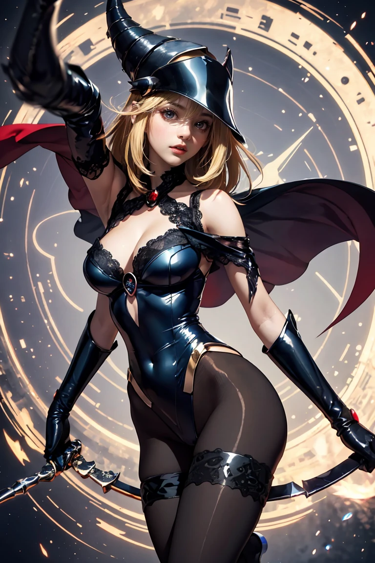 Beautiful dark mage (masterpiece: 1.2, Best Quality), (1, only), Big chest, (dynamic posture), (shiny skin, COughtson skin), COughtson skin, Sez version of the black magician demon girl, Redskin, Thin gloves and lace gloves, ( little demonic horns:1.1), (lilis \(dark stalker\)), (Skysky), Ought, (joya, golden ornaments:1.15 ), pelvis grande, blue (lace pantyhose:1.1) Black Magician Sensitive Demon Girl Version,being realistic ，。.3D，Magical fluctuations，magic matrix