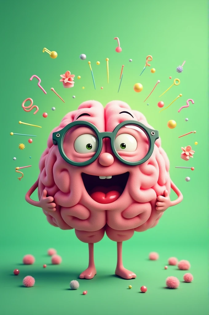 Cute cartoon brain with glasses on green background