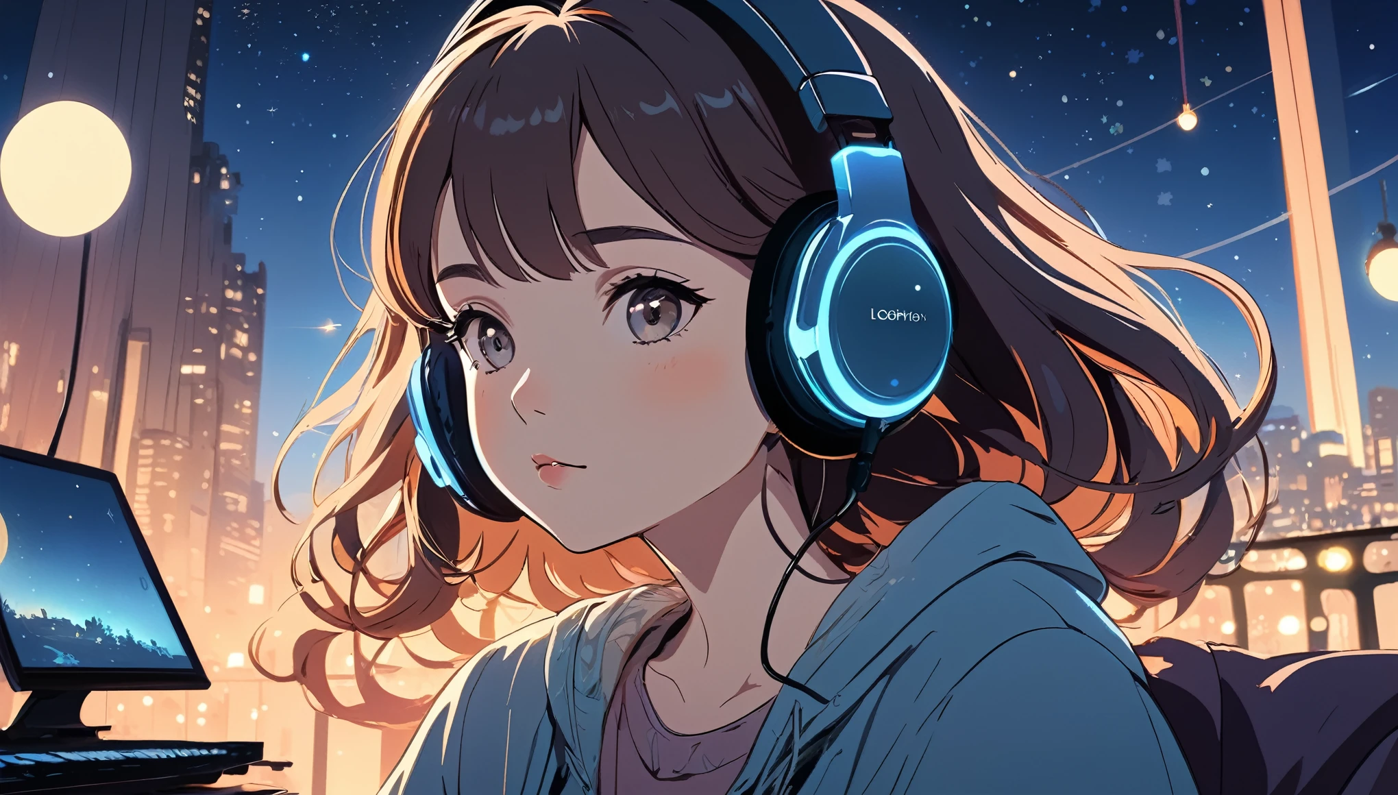 Woman wearing headphones, Night view、Wide-angle lens, Lofi Anime, Lofi illustration, Aesthetic atmosphere, Lo-Fi Style, Vector art, Flat Design, Simple shape, Warm tones, Pleasant atmosphere, Chill, In anime style, Digital drawing, Vector art, Vector logo for t-shirt printing, (Adorable:1.5), (small:1.4), (Playful:1.2), (soft:1.3), (Whimsical:1.1), masterpiece, Highest quality, 8k, Intricate details, grow, Celestial, Mysterious, Picturesque, amazing, Majestic, Magic, Fantasy art, Cover art, dream-like