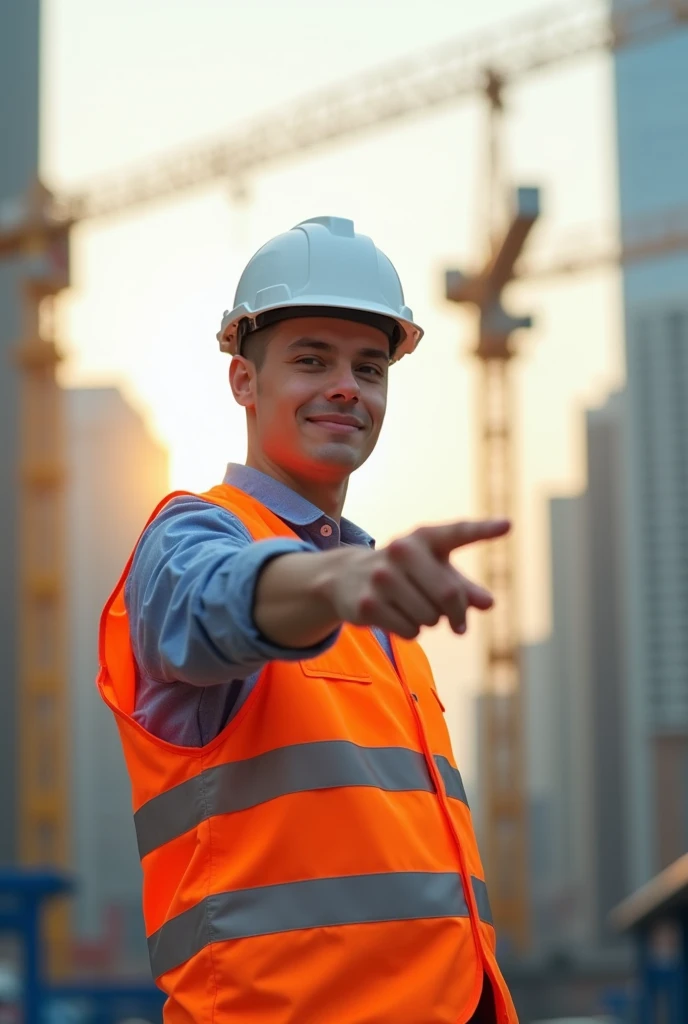Simple drawing of a young man wearing a white construction safety helmet and orange reflective vest, bottomless pointing with his finger to the right