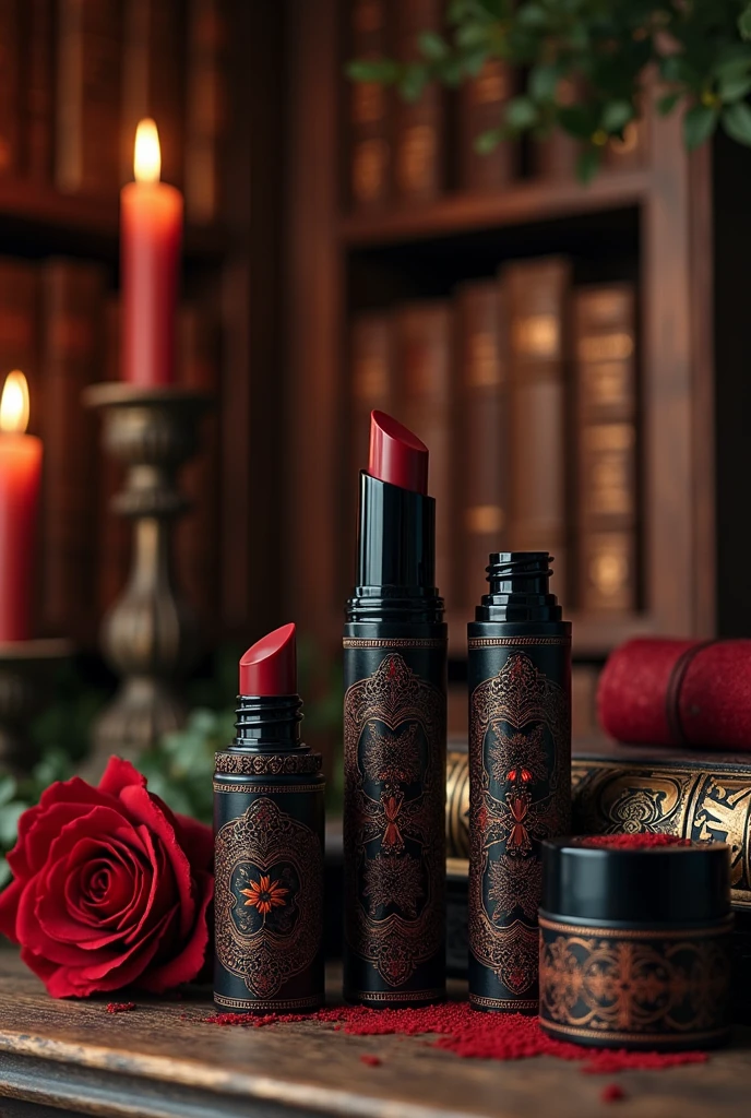 Makeup products with vintage dark academy gothic aesthetic packaging with colors: dark brown and black and dark red