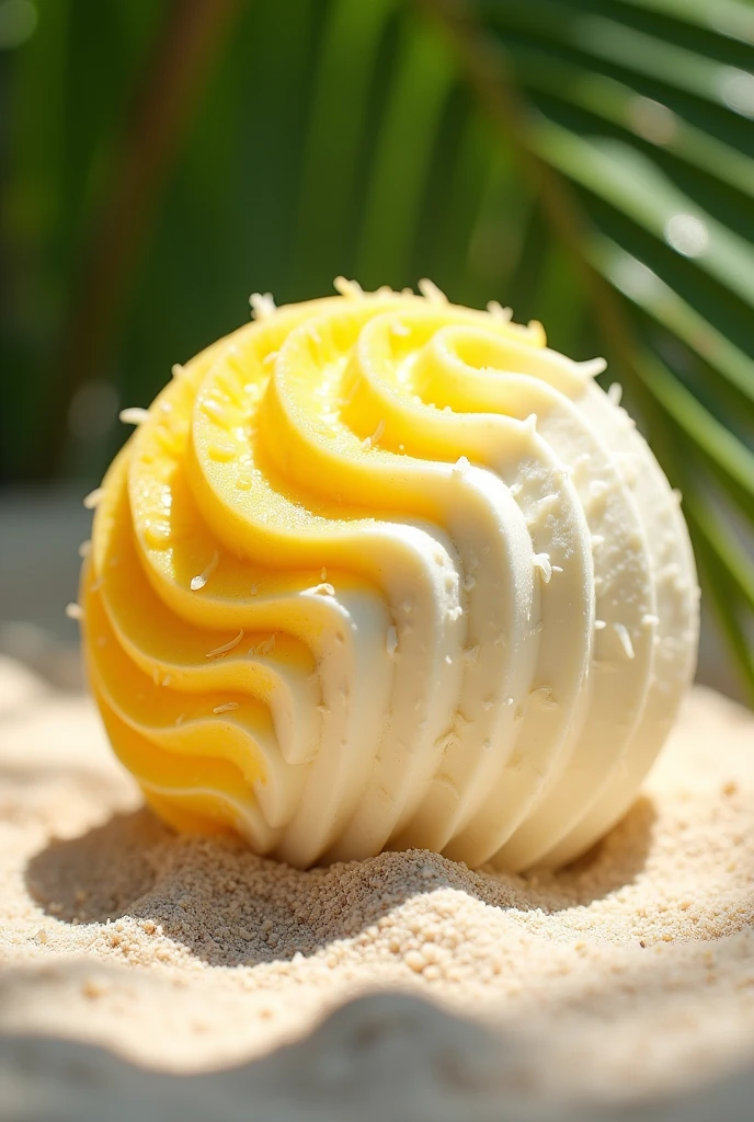 generates a circular-shaped natural fruit ice cream ball, Coconut and pineapple flavor, Let it be two colors, white and yellow, mix them a little so that the colors form a spiral