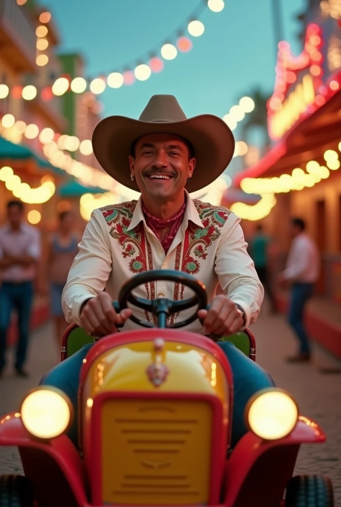 Chalino Sánchez driving a ride-on car