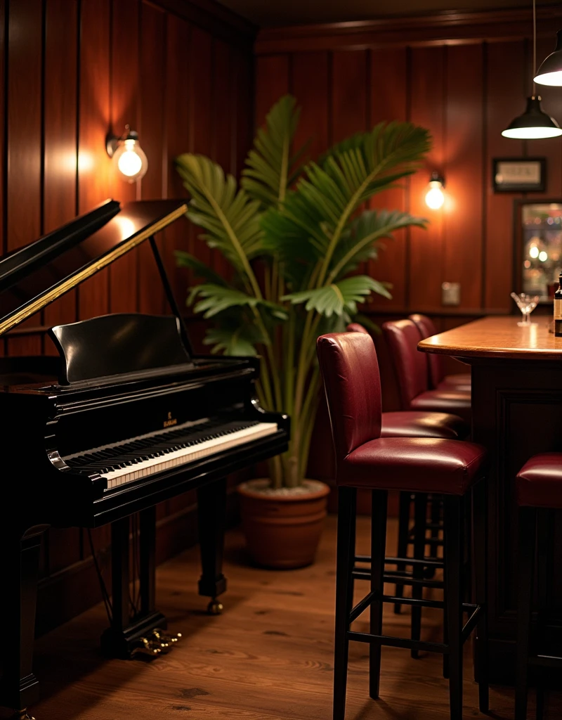 A bar room with a black piano, there are stools at the bar, a plant in corner
