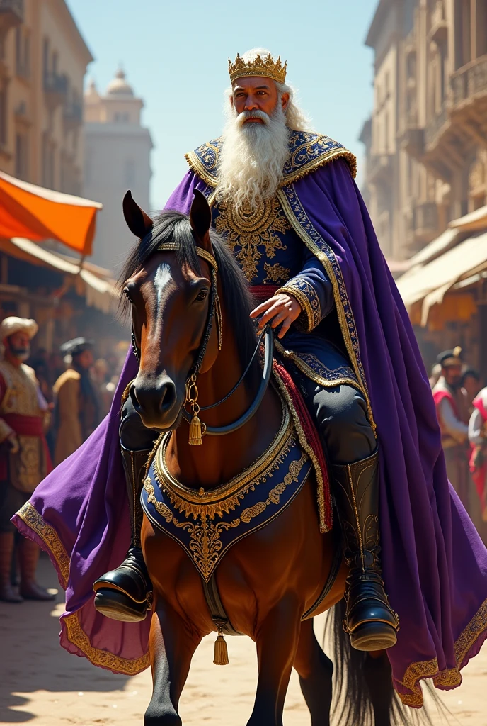 Create for me an image of a man in royal attire without a crown with a purple cape riding a horse in front of the horse make a general who rides that same horse in the background the Persian market Add a well-groomed white beard to the man riding the horse and the general standing holding the horse too