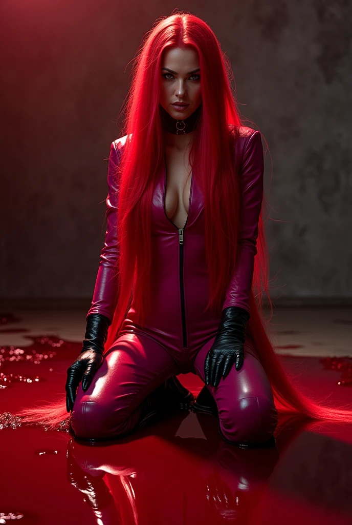 a beautiful woman (((with extensive long prenzil hair six feet long)))Adriana Lima wearing a fuchsia leather jumpsuit combined with black gloves and black leather boots kneeling blood around her rats and a lot of blood ((((a long head of six-foot-long red prenzil hair)))) reflection of her in her blood logo Marvel universe