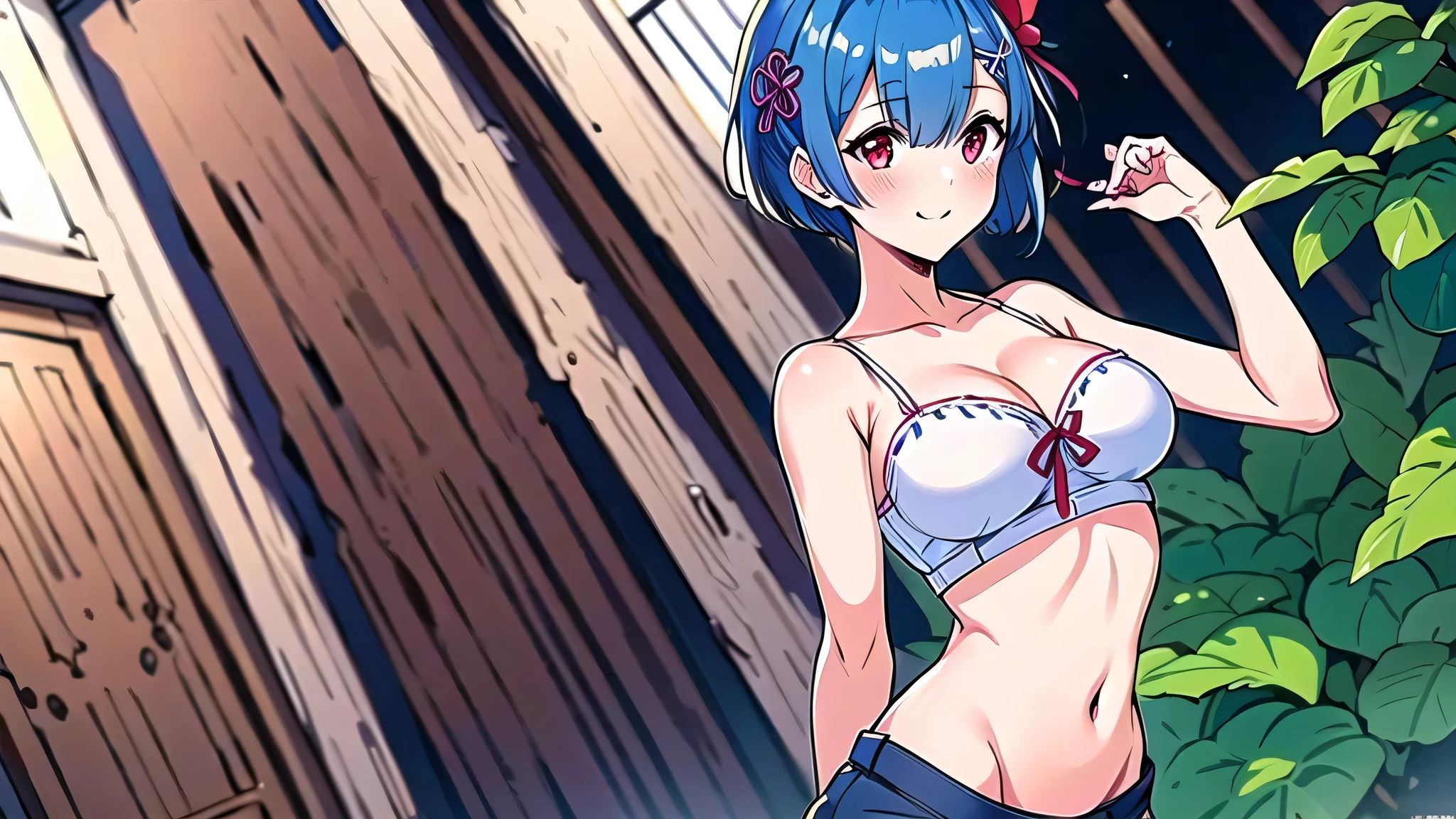 all realistic intricate details, masterpiece, best quality, highres, rem1, 1girl, solo, rem \(re:zero\), blue hair, short hair, red eyes, hair over one eye, ribbon trim, hair ribbon, x hair ornament, frills, crop top white, denim shorts,medium breasts, cleavage, sedection pose , hair flower, outdoor, standing, smile, perfect background, perfect light