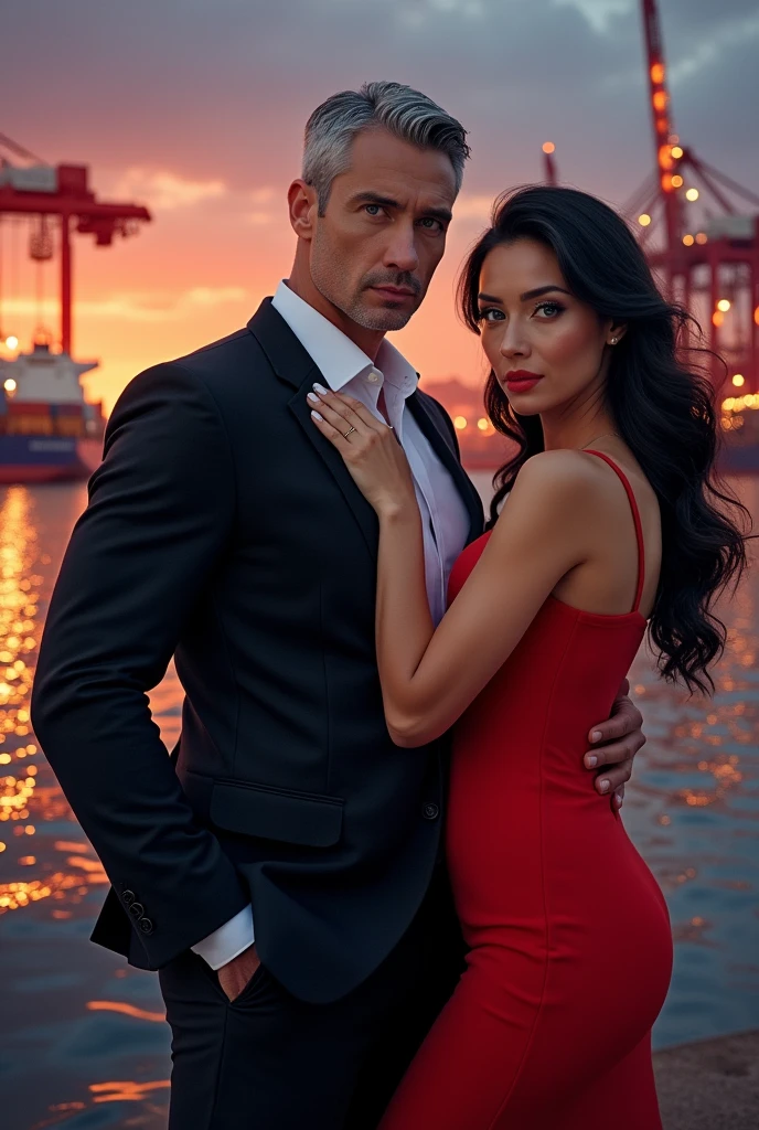Make a cover for a book, where the background is a port of containers and ships. featured a couple, a very muscular white man in his 30s, Cao Cao, slightly gray and in a well-groomed black suit, very elegant and very handsome, sensual, the white woman, black hair slightly wavy at the ends, almond eyes and sensual red dress, small ceios. Both look at the front of the screen.