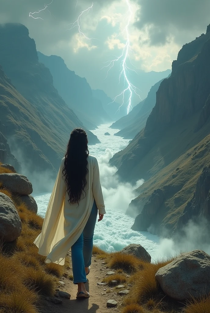 An indian young beautiful women wearing white punjabi top and blue jeans with long thick black hair braided upto her waist and her covered with veil walking in a direction where Jesus in Hebrew dress attire walking and guiding the young girl in his direction in the wilderness mountain view and rivers flowing in a fierce firy atmosphere with a background of clouds shining with thunders naturally occurring