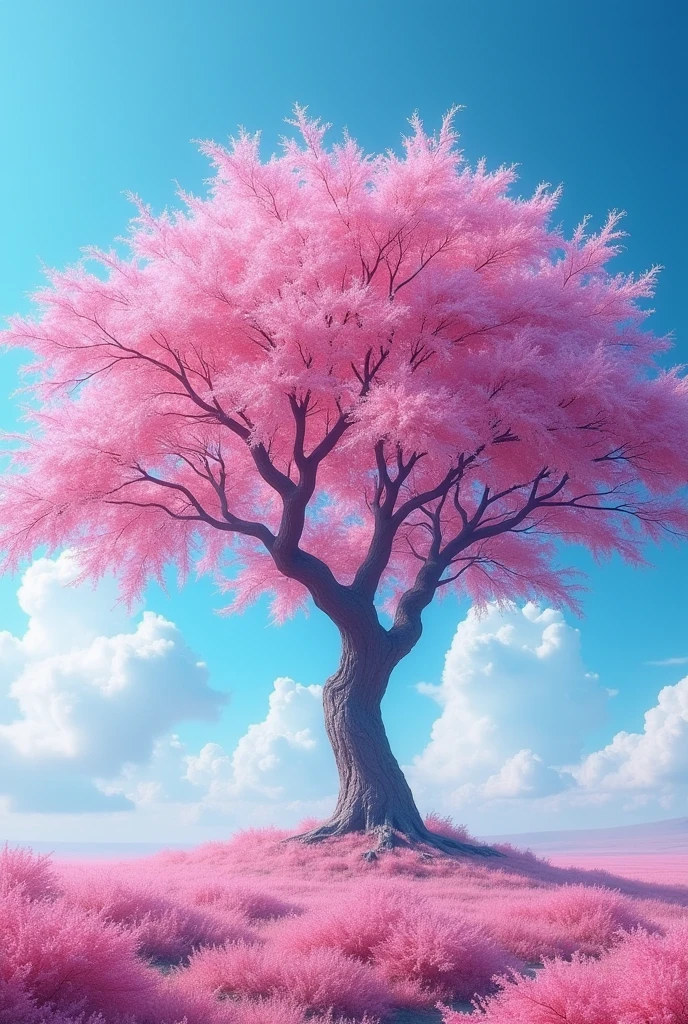 Pink tree with a wide blue sky in the background, futuristic style