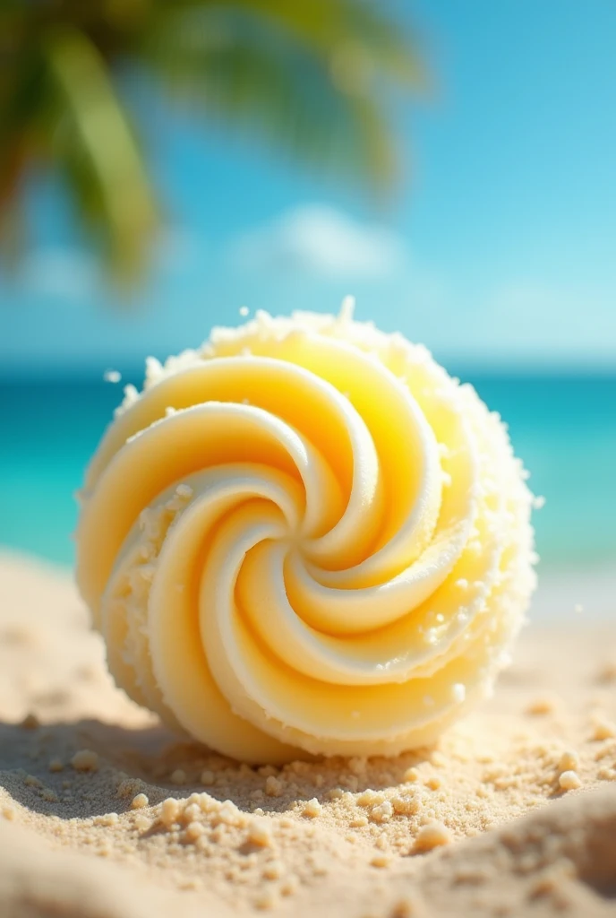 generates a circular-shaped natural fruit ice cream ball, Coconut and pineapple flavor, Let it be two colors, white and yellow, mix them a little so that the colors form a spiral
