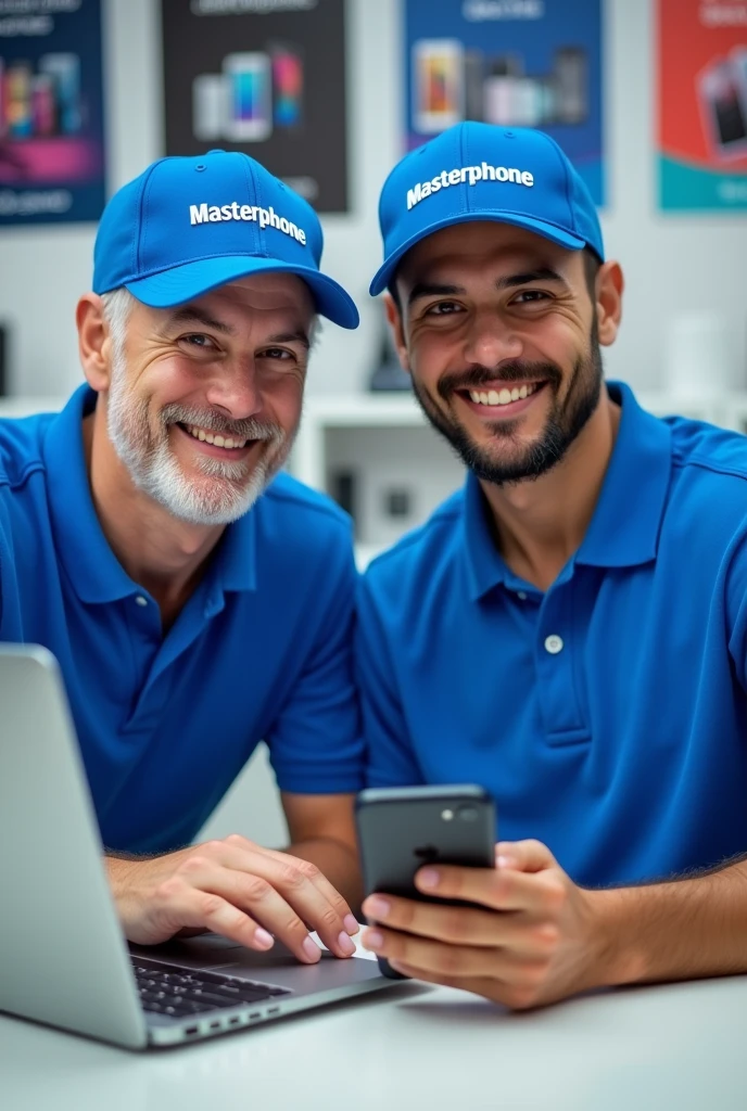 For me, the image of two men behind a counter at a telephone technical support center, one of the men with very short white hair and the other with brown hair, and both wearing a blue cap with the word masterphone written on it., And also Blue polo shirt and the guy with white hair fiddling with an Apple notebook And the other one with brown hair fixing a phone, I want the cartoon image with both of them looking at the camera for commercial purposes
