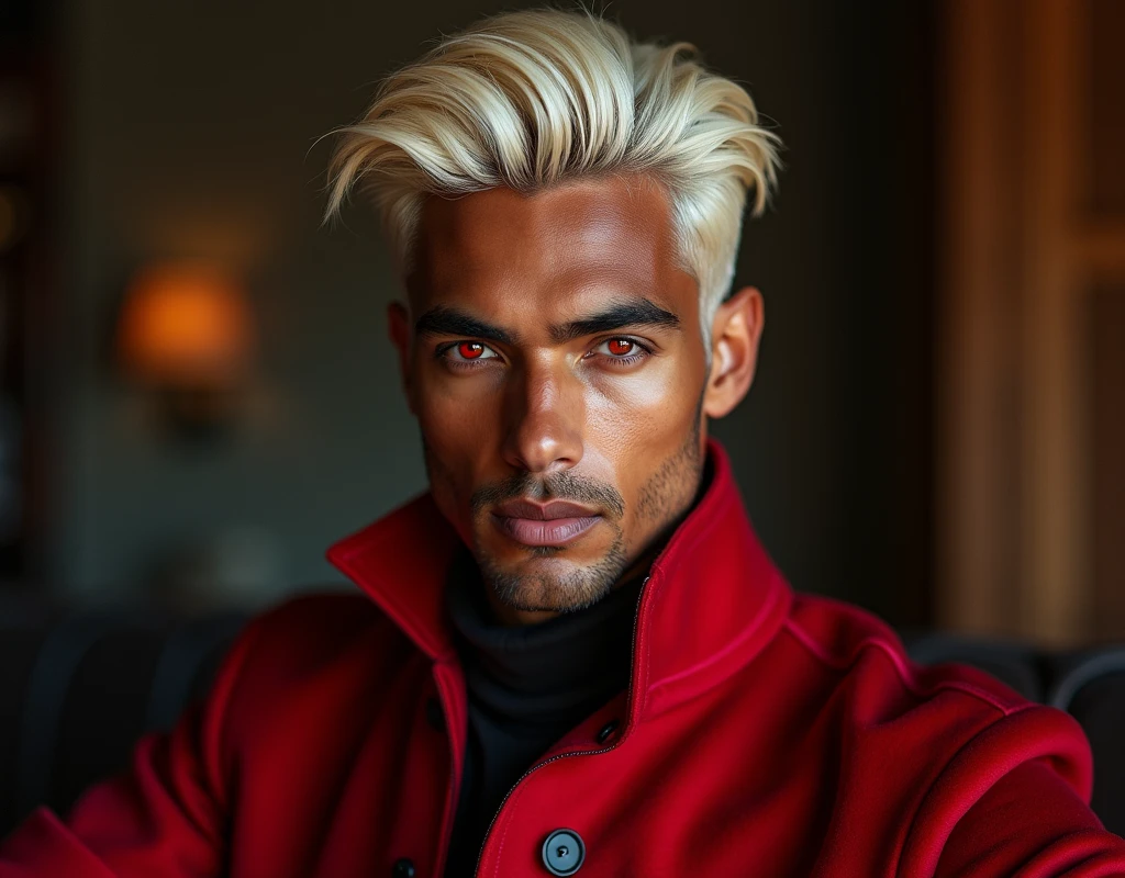 headshot of an extremely tall Arabic-Egyptian featured male model, short platinum blond wavy swept back wavy hair, lithe body, dark skin, vibrant red eyes, tall toned body. Professional expression. Wearing red, black and white clothes.
