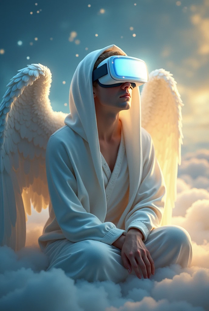 Guardian angel man prays in virtual reality glasses, in a hood