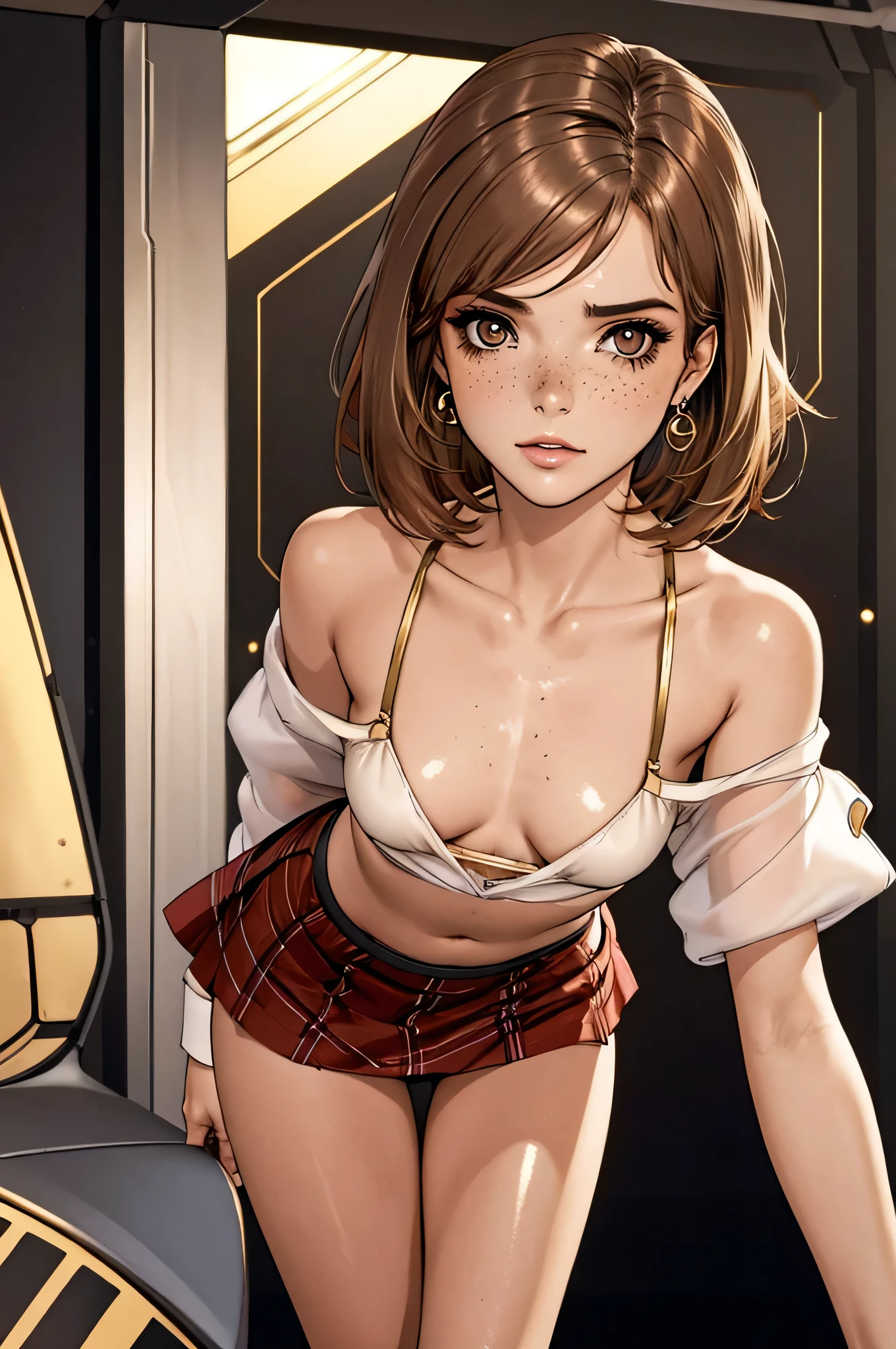 1girl,a beautiful fashion model, 20 years old, (masterpiece, detailed background, best quality), shoulder length hair, short and shiny hair, light brown hair, elegant makeup, dark makeup, earrings, pink eyeshadow, white shirt, red plaid skirt, gold bra and gold thong, brown eyes, wet skin, feigned shyness, small breasts, shiny breasts, under boob, slim waist, strap gap, leaning forward, bent over, (space cruise), freckles, mousey, maxcaulfield,
