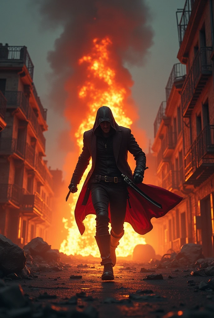 a thief in a black hood and black and red outfit, running from a burning building with blades by his side