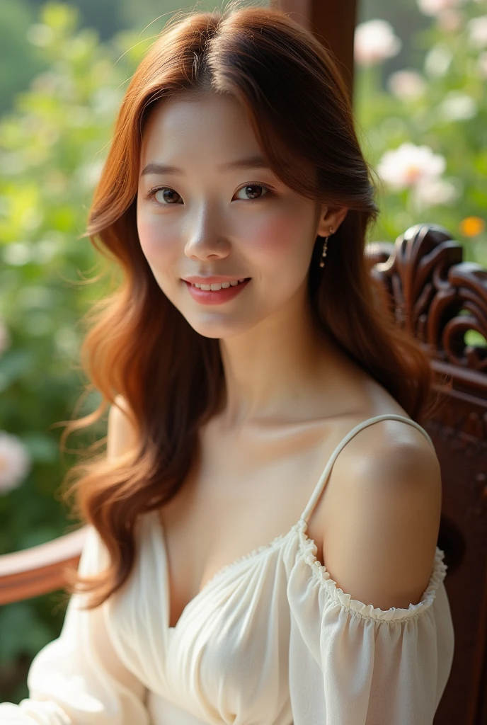 a close up of a woman in a white dress sitting on a chair