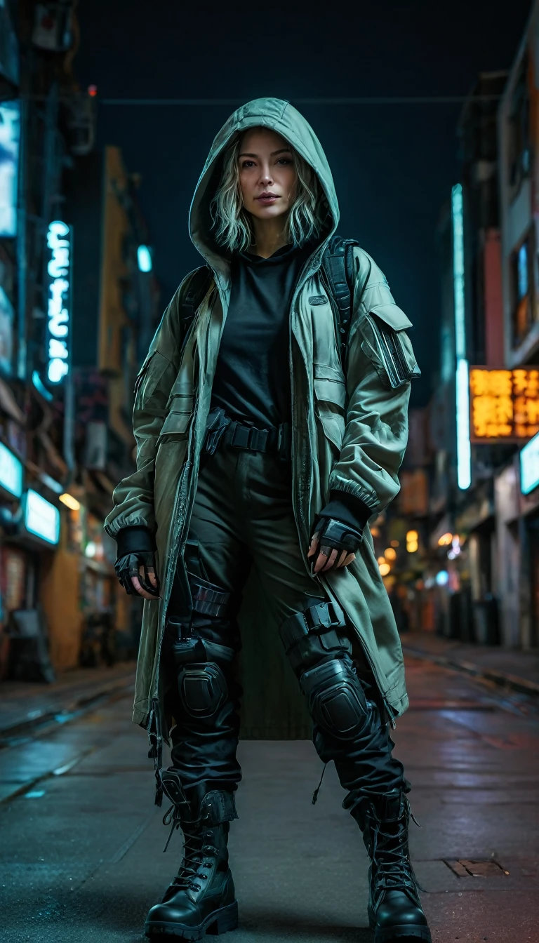 A caucasian woman wearing a tactical outfit with hood and military boots , stands on the street of a cyberpunk city at night. Techwear fashion, full-body portrait, taken with a Canon EOS R5