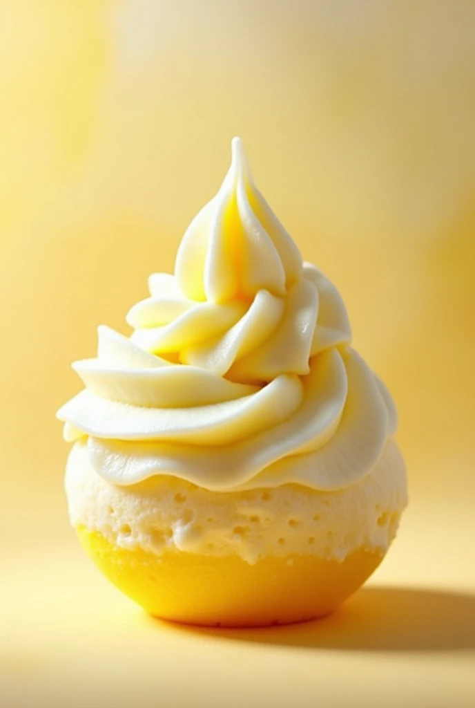 generates a circular-shaped natural fruit ice cream ball, Coconut and pineapple flavor, Let it be two colors, white and yellow, mix them a little so that the colors form a spiral