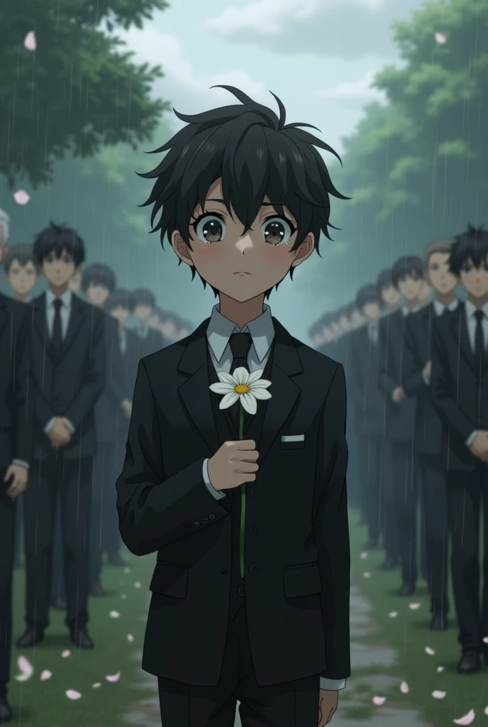 An anime boy who is at his grandmother's funeral
