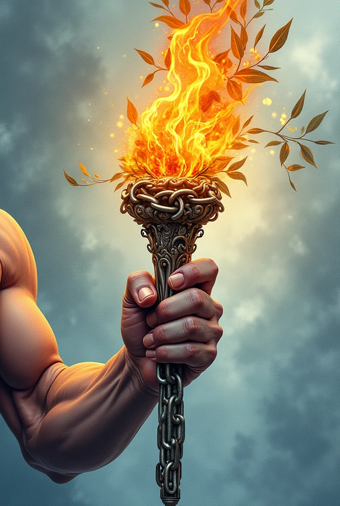(Embroidery style logo) a torch made of chain links held by the hand of the Titan Prometheus, all in white, blue and yellow and lit on natural colored olive leaves.