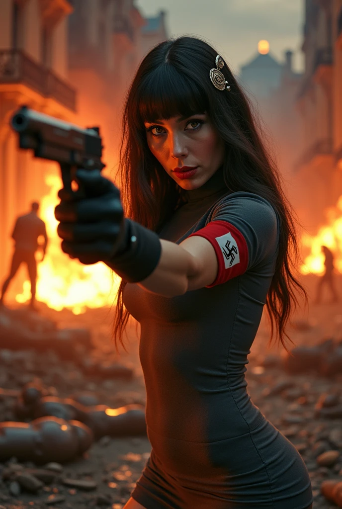 A full body action pose of a Beautiful evil (((nazi))) (((woman late 20’s))) with long brown hair with bangs and a swaztika barrette, hazel eyes filled with hate, and (((thin glossy red lips))), a sadistic smirk across her face. She is wearing a tight gray short dress with a nazi armband and black full length gloves and holding a gun. She is shooting and killing Captain America. (((Destroying, Evil wins, burning city, lots of bodies litter the ground))).