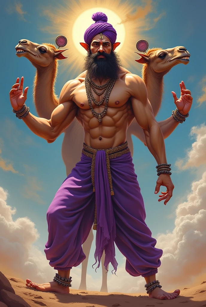 muscular bipedal camel with 3 heads, doing an indian deity pose, wearing purple sultan pants, digitl art, painting-like, HD, unrealistic, with one arm down and the other arm up, illustration, the first head is serious, the second head is smiling and wearing a purple turban, the third head is screaming, doing the sun mudra with your hands in front of your chest, viewed from the top, with 4 arms