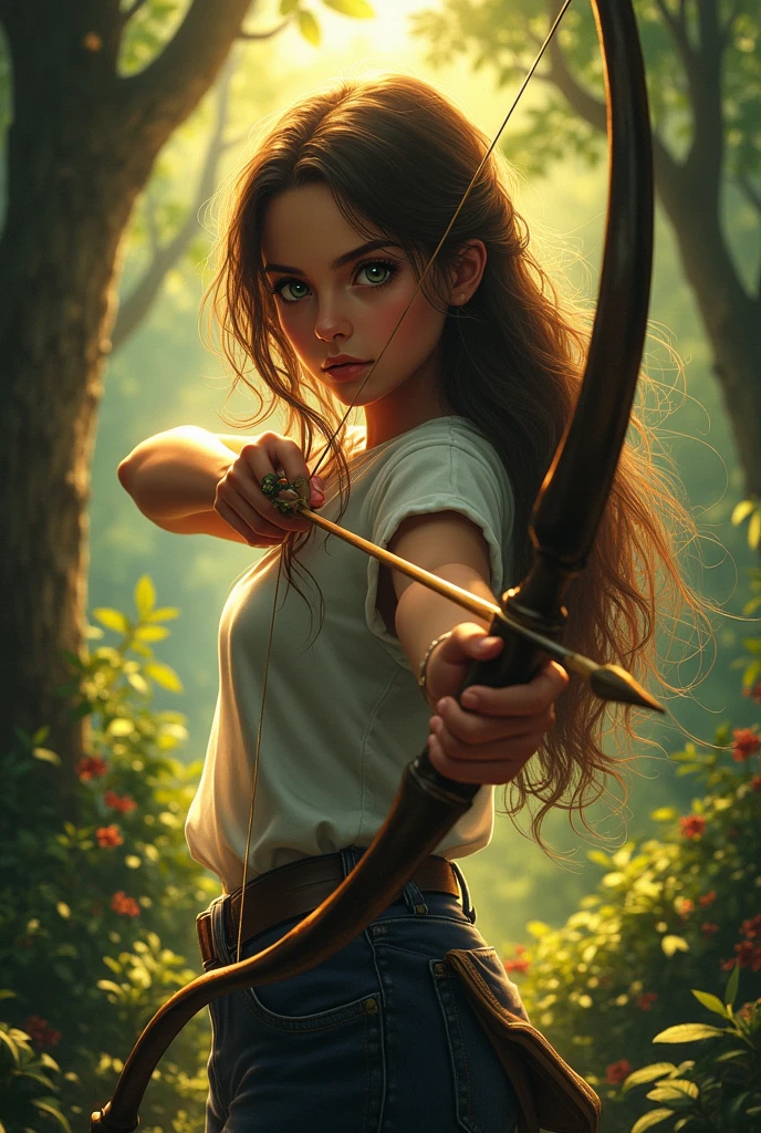 (photorealism:1.2) create a book cover called "los juegos de la mente "cover of a beautiful 16 year old Girl, stand with a bow and arrow