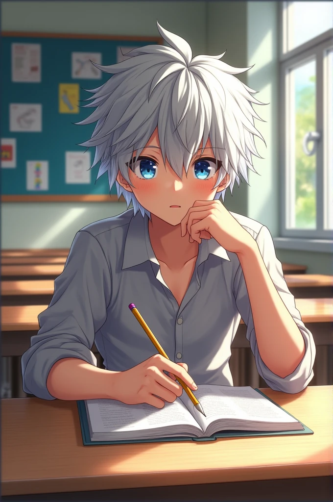 Create a male character with blue eyes and white hair. He is sitting at a study desk in a classroom. The desk has an open notebook on it, and he is holding a pencil in his right hand. The character should have a focused and thoughtful expression as he engages with his studies. The classroom should be visible in the background, showing a typical learning environment.