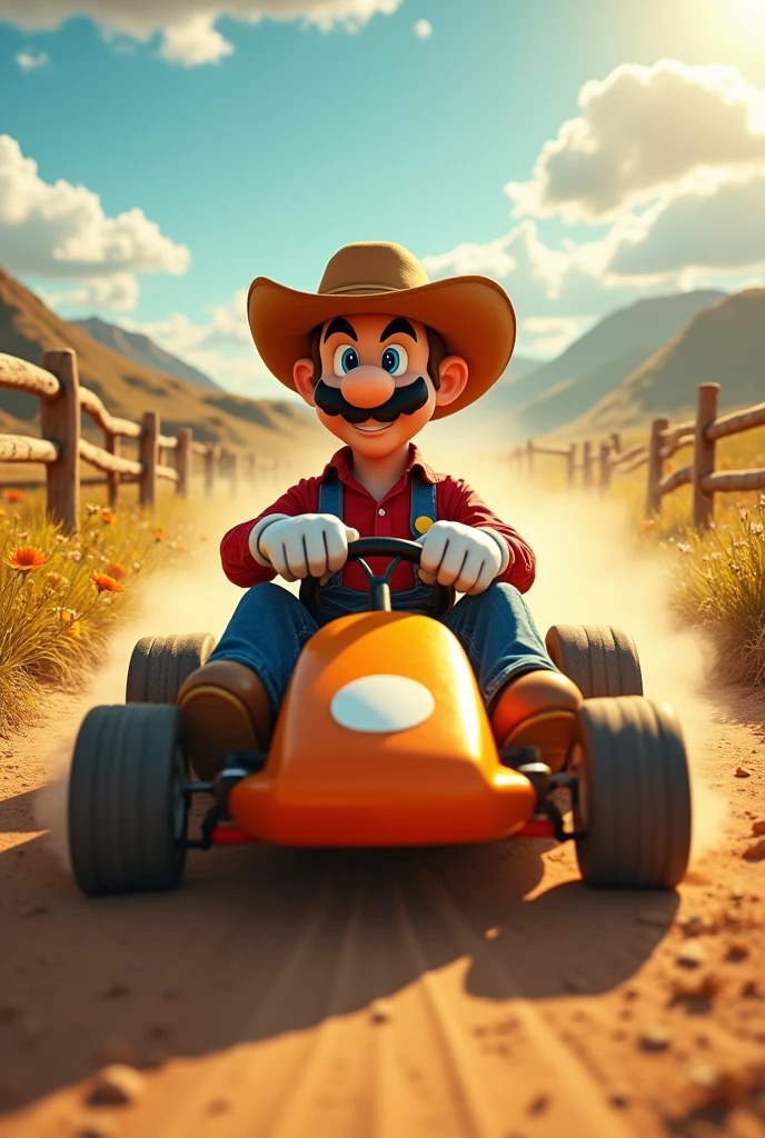 Skinny ranch man driving a gokart like the one from Mario bros